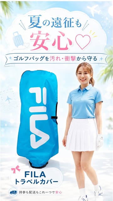 Video by ワールドゴルフ 公式 on July 30, 2026. ‎ゴルフ、ポスター、スポーツウェア、‎、「‎夏の遠征も 安心 ゴルフバッグを汚れ・衝撃 衝撃から守る G 5 FILA トラベルカバー 우 יהדיםי 持参も配送もこれーつで安心‎」というテキスト‎‎の